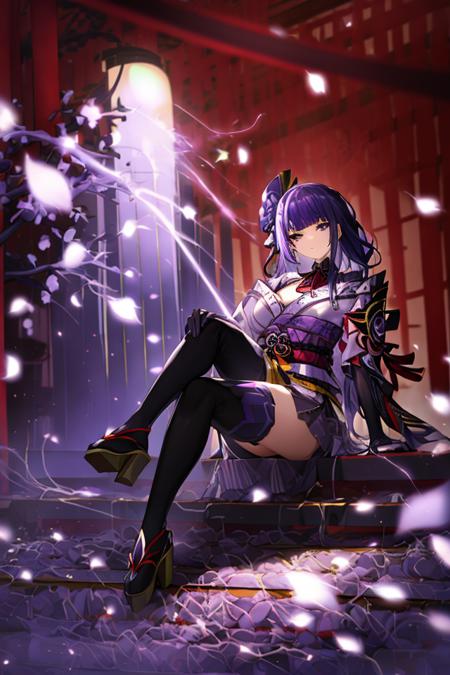 1girl,  sitting,  <lora:raidenShogunRealistic_raidenshogun:1>, RaidenShogun, detailed clothes, white clothes, blunt bangs, braid, wide-sleeved kimono, hair ornament, white japanese clothes, (red obi:1.4), (purple hair:1.4), very long hair, straight hair,(smooth chin:0.85), closed mouth, long eyelashes, sharp eyes, looking at viewer, thick eyebrows, red eyeshadow, symmetry eyes,skirt,

(best quality, masterpiece:1.2), professional lighting, photon mapping, radiosity, physically-based rendering