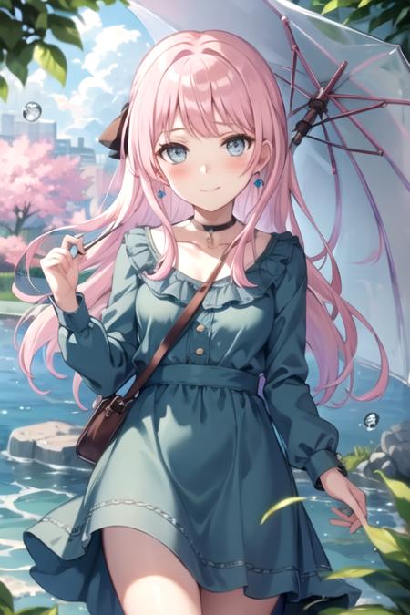 <lora:ChihayaAnon-07:0.7> , anonmygo, 1girl, solo, long hair, looking at viewer, blush, smile, blue eyes, long sleeves, holding, jewelry, closed mouth, collarbone, pink hair, earrings, outdoors, choker, water, pov, umbrella, black choker, reflection, rain, water drop, holding umbrella, transparent, ripples, rainbow, transparent umbrella, reflective water