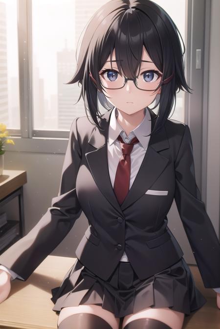 shinoasada, <lora:shinoasada-lora-nochekaiser:1>, 
shino asada, (black eyes:1.5), black hair, hair between eyes, hair ribbon, short hair, sidelocks, glasses, (small breast:1.2),
BREAK blazer, black jacket, black skirt, jacket, necktie, pleated skirt, red necktie, ribbon, school uniform, skirt, tress ribbon,
BREAK looking at viewer,
BREAK indoors, classroom,
BREAK <lyco:GoodHands-beta2:1>, (masterpiece:1.2), best quality, high resolution, unity 8k wallpaper, (illustration:0.8), (beautiful detailed eyes:1.6), extremely detailed face, perfect lighting, extremely detailed CG, (perfect hands, perfect anatomy),