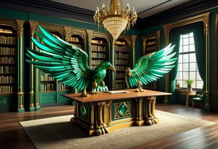 A model spaceship, gold highlights, black windows, emeraldmorph, oblong, chisel shaped, wings, rocket boosters, smooth surfaces, sleek, positioned on an antique wooden desk, opulent room, study, library, ultra realistic, hyper detailed, cinematic lighting, highlights, suspenseful atmosphere, RAW, (realistic photo, best quality, detailed), (8k wallpaper), (cinematic lighting, dramatic lighting), (sharp focus, intricate)