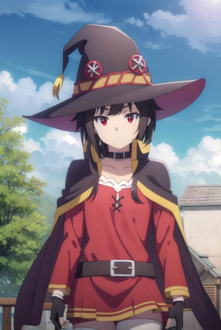 konosubamegumin, <lora:konosuba megumin movie-lora-nochekaiser:1>, 
megumin, short hair, black hair, (red eyes:1.3), short hair with long locks,
BREAK thighhighs, gloves, hat, dress, black gloves, belt, black thighhighs, fingerless gloves, cape, collar, witch hat, bandages, red dress, single thighhigh, asymmetrical legwear, bandaged leg,
BREAK outdoor, forest, nature, trees, village, sky, sun, clouds,
BREAK looking at viewer, (cowboy shot:1.5),
BREAK <lyco:GoodHands-beta2:1>, (masterpiece:1.2), best quality, high resolution, unity 8k wallpaper, (illustration:0.8), (beautiful detailed eyes:1.6), extremely detailed face, perfect lighting, extremely detailed CG, (perfect hands, perfect anatomy),