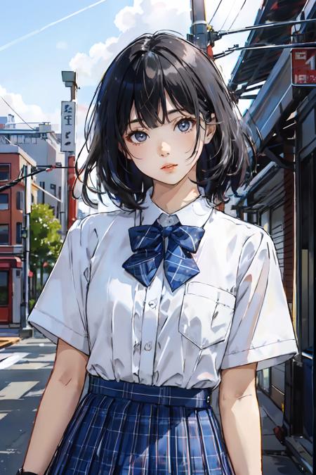 best quality, jk, 1girl, solo, looking at viewer, medium hair,  black hair,  closed mouth,  white shirt, outdoors,  lips, blue skirt,  blue bowtie, upper body,   <lora:jk_v2:0.6>