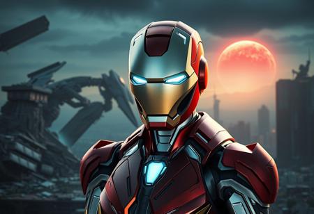 Create a digital concept art of a female Iron Man character in the style of Mary Jackson, with a full-body front view. The character should have colorful light metal armor, a grey metal body, and a pointed chin. The background should be a Clockwork Night-inspired cityscape with a broken ruin of a Pacific Rim Jaeger, and a red rising planet visible in the distance. The scene should have a high contrast, cinematic feel, with a focus on intricate and elegant details. The artwork should be rendered in Unreal Engine and have a sharp focus. The desired output should be a high-quality digital painting with a resolution of 1088 height, suitable for Artstation and CGSociety.