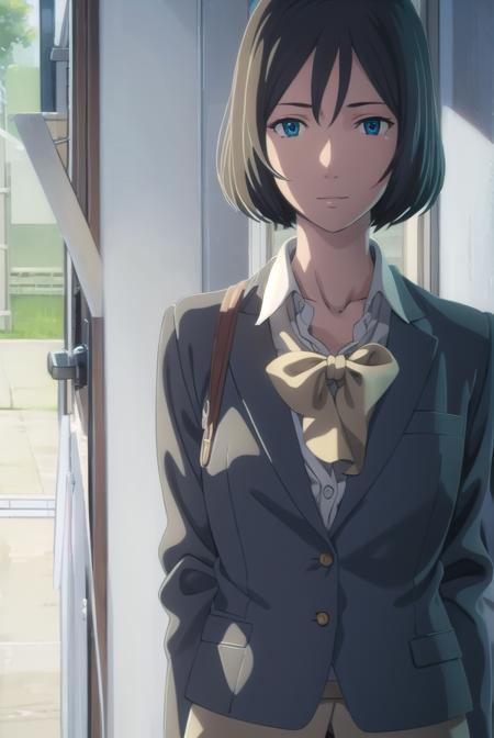 yukariyukino, <lora:yukari yukino movie-lora-nochekaiser:1>,
yukari yukino, short hair, black hair, blue eyes, hair between eyes, smile
BREAK shirt, collared shirt, white shirt, ascot, blazer, peach blazer, skirt, pencil skirt,
BREAK indoors, classroom,
BREAK looking at viewer, (cowboy shot:1.5),
BREAK <lyco:GoodHands-beta2:1>, (masterpiece:1.2), best quality, high resolution, unity 8k wallpaper, (illustration:0.8), (beautiful detailed eyes:1.6), extremely detailed face, perfect lighting, extremely detailed CG, (perfect hands, perfect anatomy),