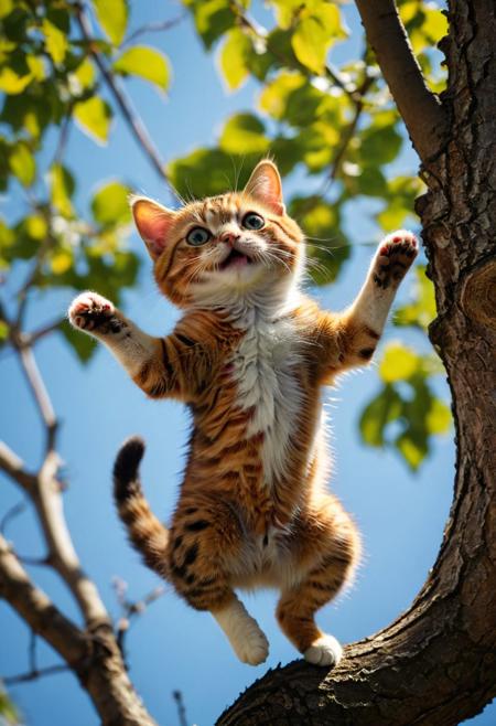 amazing quality, masterpiece, best quality, hyper detailed, ultra detailed, UHD, perfect anatomy, dof,  awesome, inspiring,  Expressiveh, realistic, high quality, 4K, absurd resolution, incredibly detailed, masterpiece, sharp, a beautiful small cat  dancing on tree, extremely detailed, no humans, extremely detailed scales, sunlight, realistic, high quality, detailed, shadows, glowing, bright colors, high contrast, vivd lighting, cinematic composition, soft shadows, national geographic style,