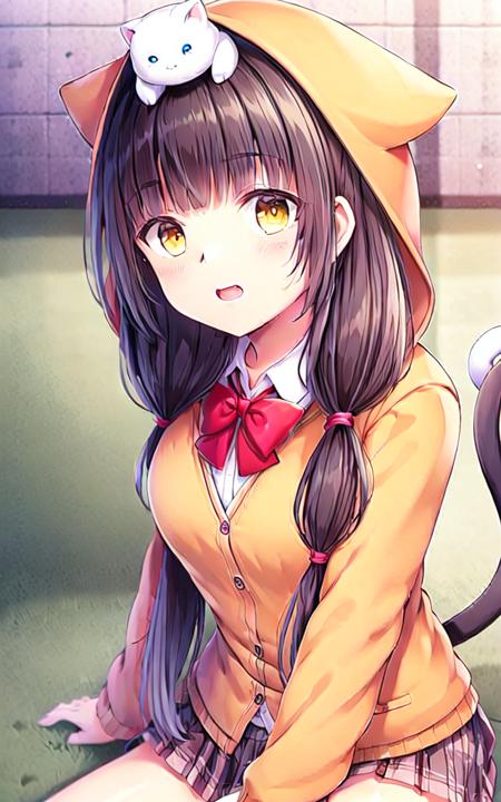 ((masterpiece)),(((best quality))), ((ultra-detailed)), ((illustration)), finely detail, extremely detailed CG unity 8k, highres, {beautiful detailed eyes}, finely detail,  beautiful detailed eyes, (grasslands),
1girl, solo focus, cat ears,((cat on head:1.5)), cat tail, cat hood, cat girl, standing,(full_body),skirt, hood, long hair, animal hood, black hair, plaid, on head, pleated skirt, animal on head, plaid skirt, cat hood, yellow eyes, school uniform, cardigan, twintails, low twintails, socks, shirt, bow, cat tail, bowtie, open clothes, hair over shoulder, white shirt, miniskirt, bangs, red bow, black socks, red bowtie, cat, hoodie, hood up, cat on head, brown eyes, jacket, tail, cross-laced footwear, brown footwear, boots, lace-up boots,