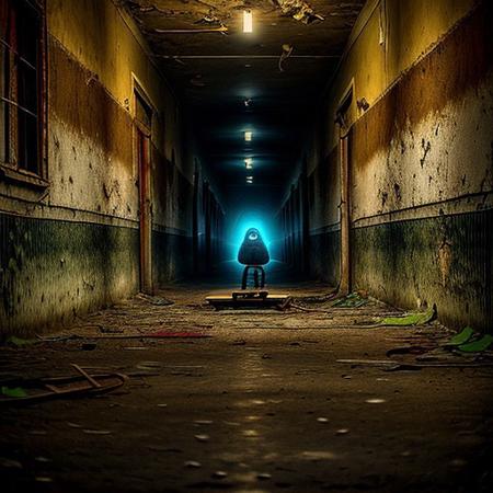 RAW photo, svo minion sitting on a bench at the end of hallway, looking at viewer, 8k uhd, dslr, soft lighting, high quality, film grain, Fujifilm XT3, Masterpiece, photorealistic, rotten abandoned hospital, looking down hall way,