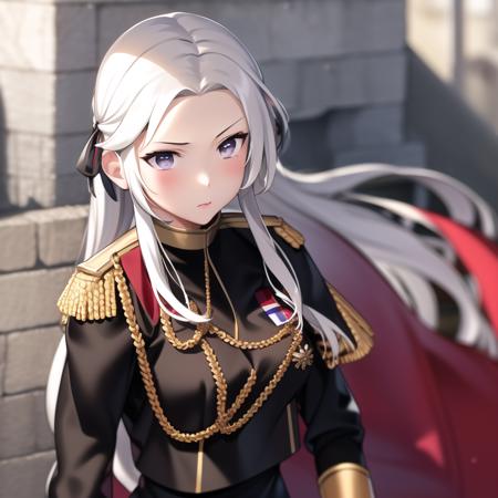 1girl, highres, masterpiece, ((edelgard von hresvelg)), fullbody, standing, detailed face, perfect face battlefield, medieval, anime style, upper body, armor, ((garreg mach monastery uniform, black uniform)), solo