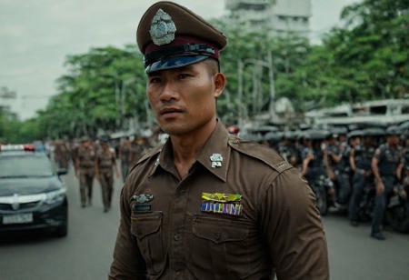 cinematic still of 30 year old handsome muscular Thai man in brown police uniform and hat, standing in Bangkok streets, highly detailed, intricate details, shallow field of depth, cinematic lighting