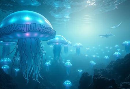 Visualize the underwater city of the Cryoquatics, bioluminescent beings resembling giant jellyfish, floating beneath Europa's icy surface. The city features colossal jellyfish-like structures, their translucent bodies aglow with ethereal blues and radiant purples, creating a stunning visual spectacle. The soft, noctilucent lighting reflects off the surrounding water, casting intricate shadows that dance across the ocean floor.
In the distance, majestic deep-ocean creatures, such as enormous squid and luminescent manta ray-like beings, glide gracefully through the currents, highlighting the rich biodiversity of this alien ecosystem. The scene captures the tranquil beauty of the Cryoquatics’ daily life, showcasing their flowing tentacles as they communicate through shimmering light patterns.
Cinematic lighting enhances the intricate details of the jellyfish architecture, while a serene atmosphere envelops the composition, conveying a sense of community and harmony within this underwater world. The overall scene reflects themes of adaptation, interconnectedness, and the enchanting allure of life in the depths of Europa’s ocean.