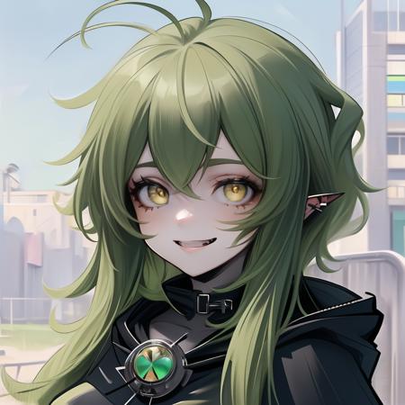 <lora:Gavial:0.8>, (masterpiece, best quality:1.2), 1girl, solo, green hair, yellow eyes, beautiful eyes, breasts, goth_punk, <lora:Gothpunk:0.7>, (black clothes), ((black poncho, hood on head)), evil smile, (crazy face), portrait, ((<lyco:age_changer_last:-2>)), <lora:noline:-0.3>, (Pop Art, by Mel Ramos, Bayard Wu, Winsor McCay, Alphonse Mucha:1)