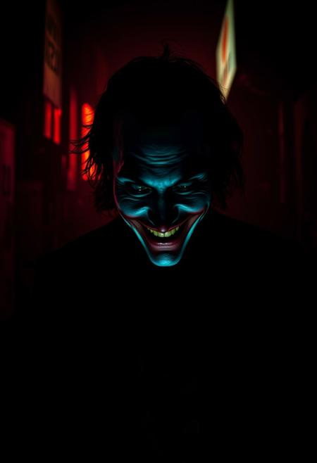 a haunting and mysterious portrayal of the Joker in a dimly lit, shadowy environment. The Joker stands alone, surrounded by an atmosphere of eerie darkness, with subtle hints of neon lights casting surreal highlights on his iconic face. Capture the enigmatic smile and madness in the Joker's expression, emphasizing the chaos that defines his character. Utilize dramatic lighting to create deep shadows and highlights, adding a sense of theatricality to the scene. The background should be atmospheric, with elements that suggest a gritty, urban setting. Emphasize the psychological depth and complexity of the Joker's character in this captivating, dark composition