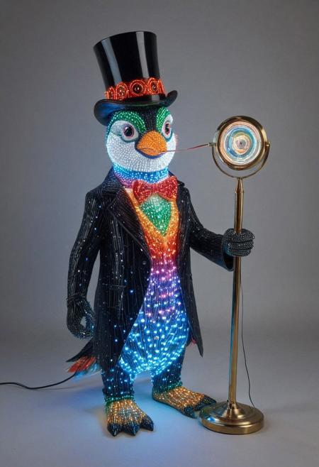 embedding:lazmpos, LED, colorful LED lights, RGB lights, red green and blue penguin, art deco, top hat, cane, monocle,RetroBG