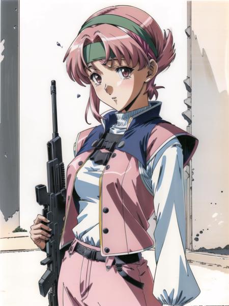 (((style of 1990s anime))),cel shaded,(animation still),heikevahs,1girl,,standing,facing viewer,short hair,pink hair,pixie cut,headband,(bulletproof vest:1.2),raised arms,holding gun,(submachine gun:1.3),(mac-10:1.2),masterpiece,best quality,absurdres,indoors, <lora:HeikeVahsV2-10:0.6>