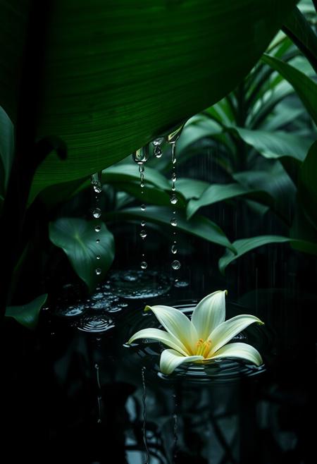 Cinematic photography, rainwater pooling in hollow of tropical leaf resembling body curve, droplets sliding down like sweat, oversized Lily flower floating in water, setting: steamy greenhouse at downpour, mood: primal release, lighting: raindrop-refracted jungle light, color theme: emerald and creamy white, camera: ARRI Alexa Mini