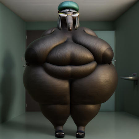 obese, female, anteater, green shirt, green pants, green hat, glasses, black sandals, long gray hair, dark gray skin, tail