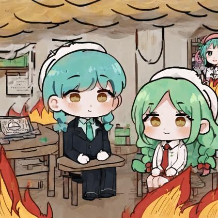 (thisisfine:1.3), (fire eveywhere:1.1), (smoke:1.0), (room full of fire:1.3), sitting on chair, (1girl:1.3),
cute expression, proportional features, no imperfections, 4k, 8k, (mint green hair:1.2), (twin_braids:1.2), white beret, (flower necktie:1.1), ribbed white shirt, slacks, light smile,