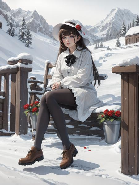 masterpiece, best quality, winter, snow field, 1girl, bangs, blue eyes, blunt bangs, bonnet, brown footwear, brown hair, dress, frills, fruit, full body, hat, long hair, long sleeves, looking at viewer, purple dress, red flower, red rose, rose, shoes, sitting, solo, sky, sun, mountain, forest, lake,
,(tutuhsv2), (grey pantyhose),
 <lora:tutuhsv2_0003:0.85>