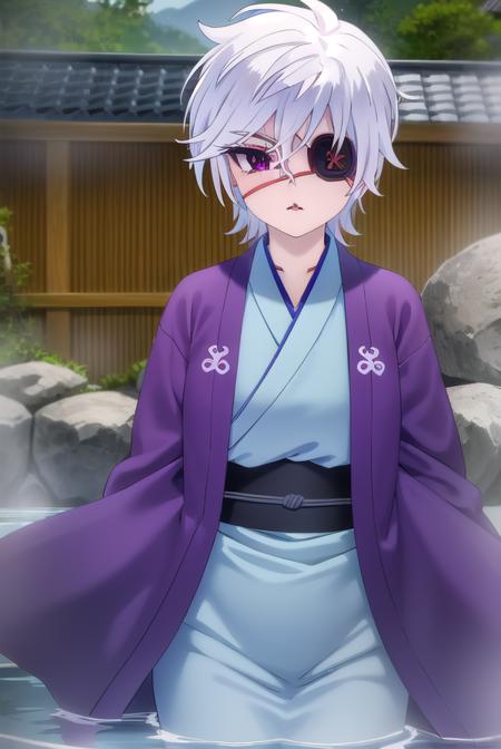 oboro shintou, (purple eyes:1.1), white hair, (eyepatch:1.5), japanese clothes, kimono, blue kimono, haori,