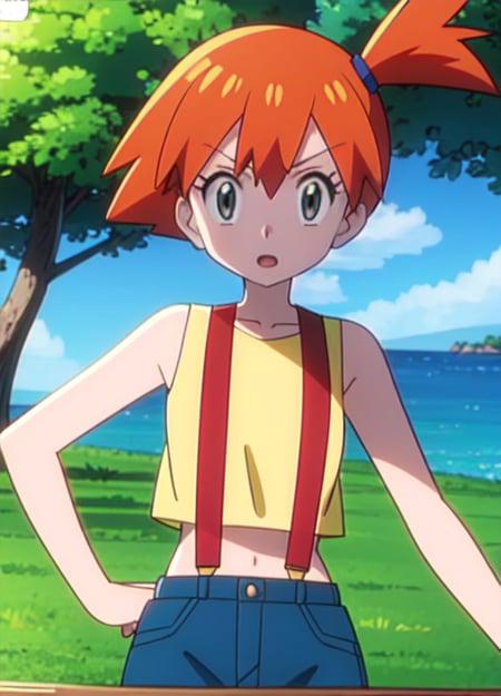 (masterpiece:1.2), (4k wallpaper), 1girl, solo, looking at viewer, mistypkm, orange_hair, side ponytail, yellow cropped shirt, sleeveless shirt, red suspenders, blue shorts, outdoor, animescreencap, <lora:mistypkm:0.85>