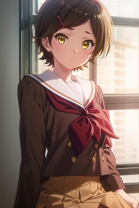 hazukikatou, <lora:hazuki katou s2-lora-nochekaiser:1>,
hazuki katou, short hair, brown hair, hair ornament, (yellow eyes:1.3), hairclip,
BREAK skirt, shirt, long sleeves, school uniform, pleated skirt, serafuku, neckerchief, (brown skirt:1.2), white sailor collar, (brown shirt:1.2), kitauji high school uniform, (red neckerchief:1.5),
BREAK indoors, classroom,
BREAK looking at viewer, (cowboy shot:1.5),
BREAK <lyco:GoodHands-beta2:1>, (masterpiece:1.2), best quality, high resolution, unity 8k wallpaper, (illustration:0.8), (beautiful detailed eyes:1.6), extremely detailed face, perfect lighting, extremely detailed CG, (perfect hands, perfect anatomy),