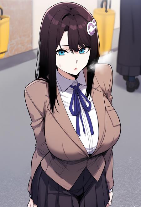 hair ornament, long hair, blue eyes, brown hair, black hair, sidelocks school uniform, blue ribbon, neck ribbon, brown jacket, white shirt, collared shirt, long sleeves, black skirt, pleated skirt school uniform, blue ribbon, neck ribbon, white shirt, collared shirt, short sleeves, black skirt, pleated skirt ponytail, white bikini, pink bow, cleavage, collarbone, bare shoulders