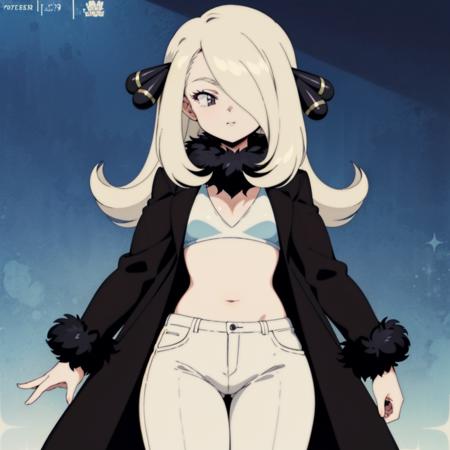 1girl, <lora:pokemonCynthiaShironaSD1_v3:0.5> character_pokemon_cynthia, hair over one eye, fur-trimmed coat, fur collar, hair ornament, v-neck, pants, solo,
 <lora:BluetheboneArtist-13:1.1> , bluetheboneaistyle, flat colors,1990s \(style\),