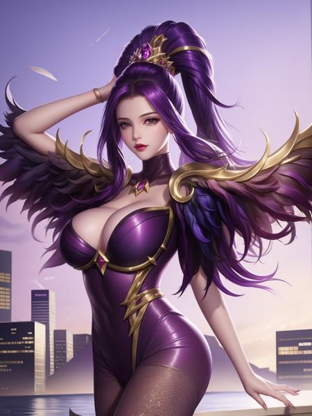 hair ornament,pantyhose,purple bodysuit,feathers,cityscape,lake,looking at viewer,jewelry,huge breasts,arms behind back,wings,high ponytail,crown, <lora:miyue_20230709210353-000006:0.75>