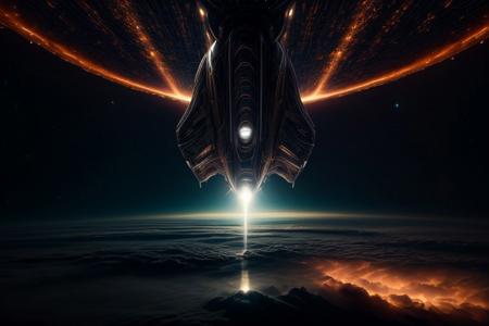 An elegant spaceship flies through a nebula, view from above, suspenseful atmosphere, ultra realistic, hyper detailed, sci-fy, cinematic lighting, highlights, gritty atmosphere, RAW, (realistic photo, best quality, detailed), (8k wallpaper), (cinematic lighting, dramatic lighting), (sharp focus, intricate), zzspczz