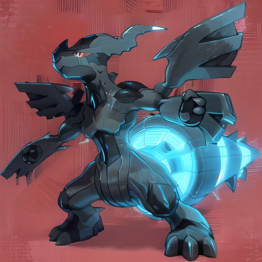 zekrom, activated, solo, closed mouth, smile, red background, full body, standing, outstretched arms