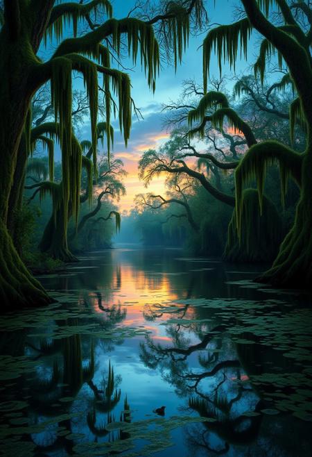 A serene bayou landscape with moss-draped trees, tranquil waters, reflecting the twilight sky, rich greens and browns, details of frogs and crickets adding to the ambiance, beautiful lighting, hyper-realistic digital painting, cinematic atmosphere, atmospheric, 8k resolution.