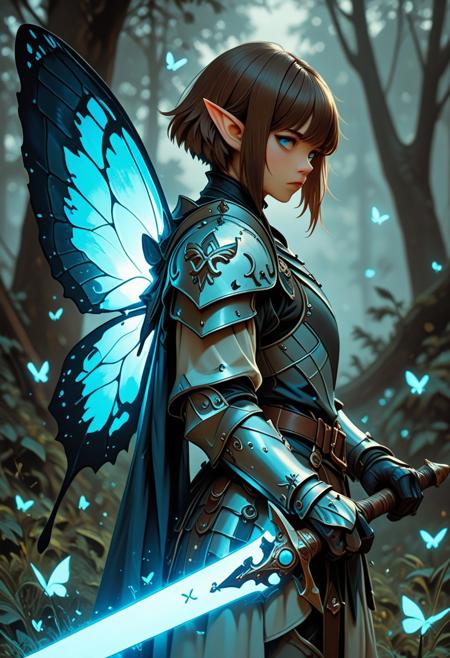 score_9_up, score_8_up, score_7_up, score_6_up. masterpiece, best quality, good quality, very aesthetic, absurdres, semirealism, fantasy, 8K, depth of field, focused subject, cowboy shot, Elf knight, 19yo, androgynous, pointed ears, short brown hair, male haircut, blue eyes, wearing detailed armor, wielding blue glowing sword, he is standing, sword resting against the ground, large white glowing butterfly wings on the knight's back, trees in background, hkvaloria