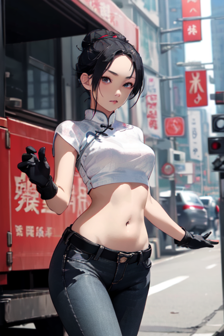 FongLing, 1girl, solo, gloves, black hair, single glove, denim, jeans, chinese clothes, black eyes, hair bun, navel, pants, midriff, 