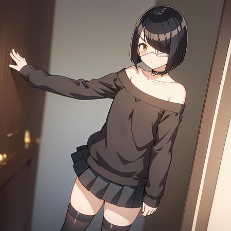 nakanaka_omoharu, 1girl, solo, skirt, thighhighs, long sleeves, bare shoulders, standing, full body, pleated skirt, black thighhighs, indoors, miniskirt, black skirt, off shoulder, brown sweater, zettai ryouiki, sleeves past wrists, eyepatch