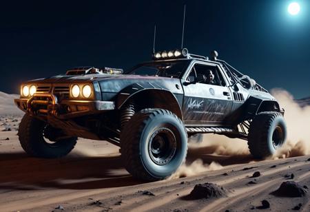 madmax ciberpunk offroad style sport car in the night on the moon, runnning high speed, lasers, guns, masterpiece, 4k, high details