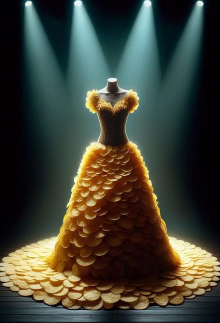 p1nkch1ps, dress made out of potato chips, model on a runway, elegant stage background, dim lighting, spotlights, photograph, high quality, detailed, realistic