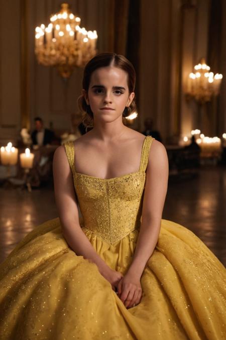belle (emma watson) intricate superb yellow dress lounging at an empty great ballroom dimly lit by candlelight <lora:emmaWatson:1> . 35mm photograph, film, bokeh, professional, shot by jamel shabazz, 4k, highly detailed