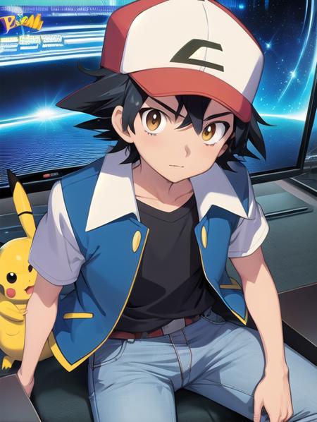 anime artwork, 1boy, OGAshK, baseball cap, black hair, brown eyes, pokemon \(creature\), yellow creature, pikachu, blue jacket, black shirt, jeans, , anime style, key visual, vibrant, studio anime, highly detailed, <lora:Detail - add_detail:0.2>, <lora:Character - AshOG:0.8>