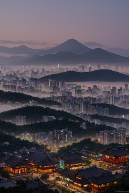 modern skyline of Seoul blending into foggy forested mountains, Bukhansan peaks in background, traditional hanok rooftops in foreground, glowing city lights at twilight, ultra-detailed harmony of old and new