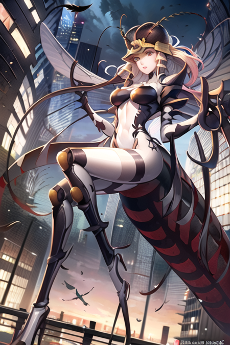 mosquito_girl a cartoon drawing of an insect with legs and claws on a red body with wings behind, 1girl, solo, claws, wings, long hair, breasts, city background, outdoors,