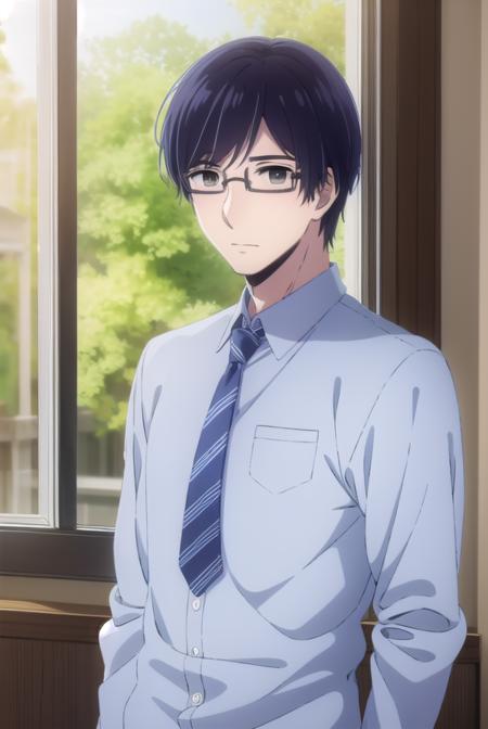 narumikanai, <lora:narumi kanai s1-lora-nochekaiser:1>,
narumi kanai, black hair, male focus, glasses, (black eyes:1.5),
BREAK necktie, formal, suit,
BREAK indoors, classroom,
BREAK looking at viewer, (cowboy shot:1.5),
BREAK <lyco:GoodHands-beta2:1>, (masterpiece:1.2), best quality, high resolution, unity 8k wallpaper, (illustration:0.8), (beautiful detailed eyes:1.6), extremely detailed face, perfect lighting, extremely detailed CG, (perfect hands, perfect anatomy),