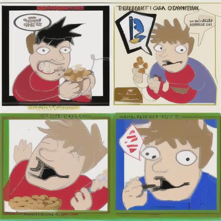 <lora:sbahj-28:0.8> comic, multiple boys, cereal, cereal bowl, cereal box, speech bubble, worst quality