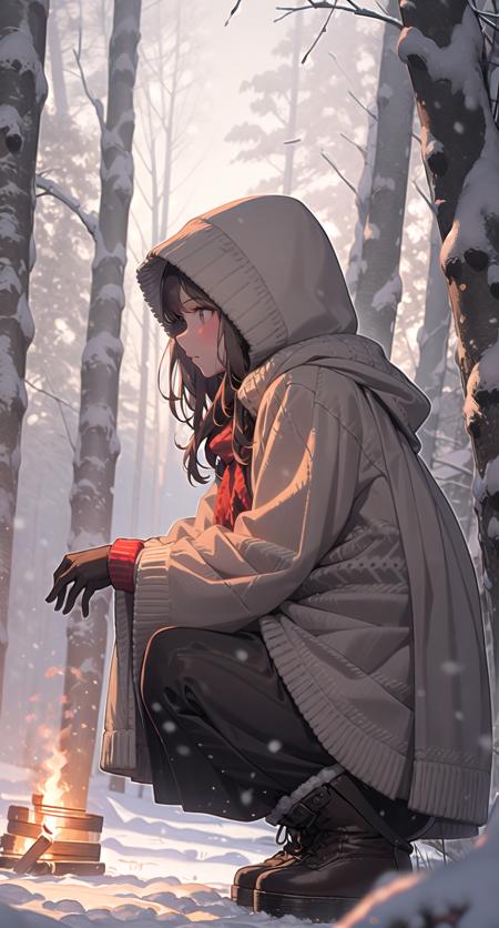 1girl, solo, snow, long hair, hood, fire, outdoors, brown hair, boots, snowing, from side, tree, suitcase, cloak, blurry, hood up, forest, gloves, nature, brown eyes, red gloves, squatting, closed mouth, hooded cloak, winter, depth of field, black footwear, red cloak
 <lora:snowlight-000007:1>