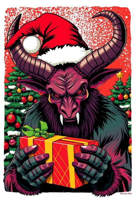 Pop art illustration of scary-looking Krampus wearing a Santa hat and holding Christmas present in front of decorated Christmas trees in the style of Butcher Billy. Looking at viewer. Vibrant Christmas colours including red and green.