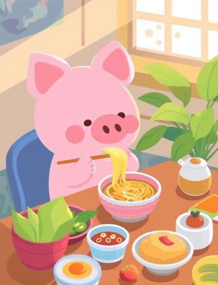 in this cartoon style illustratiion, a chibi and soft and pink piggy is sitting by a table full of food and tablewares eating noodles, the background is indoor scene, possibly a mini kitchen, there is a window, some sunlights in, and some plants outside. This picture is drawn with vibrant and pestal colors which forming a healing atomosphere