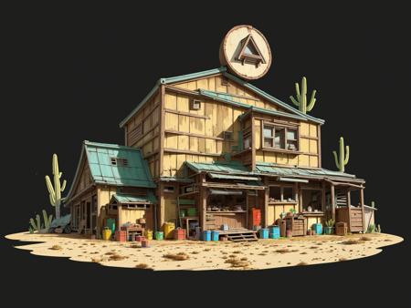 HEZI, Game single building scene, no humans, sign, scenery, cactus, crate, plant, grey background, sand, simple background, desert, road sign, barrel, building, outdoors, rock, drum \(container\), door, tire, window, stairs, potted plant, railroad tracks, ruins, chair, day, house, wood, ground vehicle, shadow, black background, shop, road, beach,<lora:çå­ç³»åââæ¬§ç¾åä½æ¦å¿µåºæ¯:0.6>,