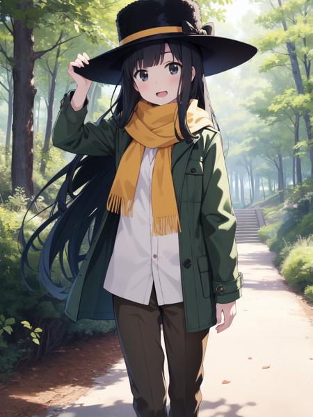 <lora:Itsuki_Pleiades:0.8>,  Itsuki_Pleiades, 1girl,  solo, long hair, black hair, black eyes, 
fur hat, yellow scarf, green coat, brown pants, shoes, happy, standing, forest, looking at viewer
masterpiece, high quality, very_high_resolution, large_filesize, full color,