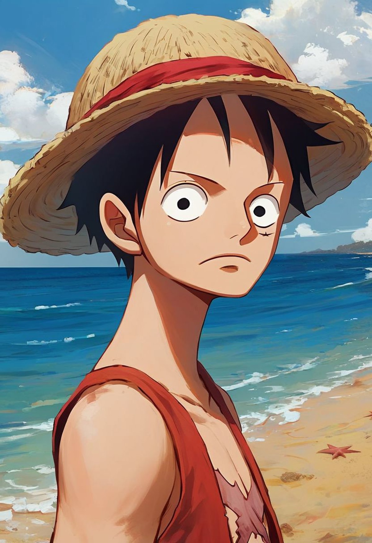 score_9_up ,score_6_up,close Portrait  Luffy in the beach,solo,Cap,Serious,masterpiece, 8k, ultradetailed background ,look...
