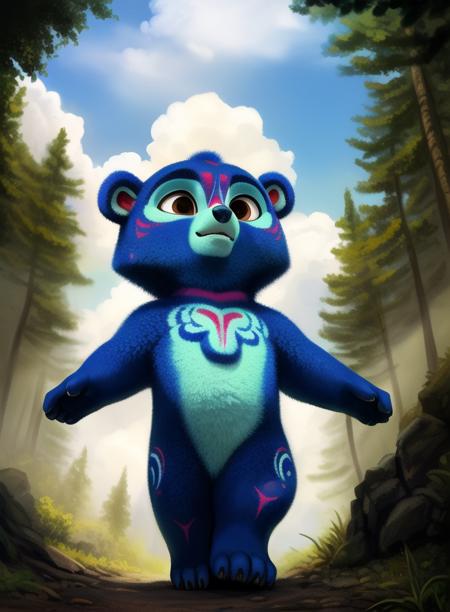 KodSpiRan, bear, dark blue fur, chibi, brown eyes, patterns on the body,