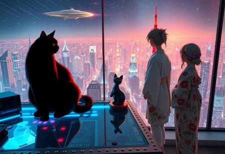 Jiji, the cat from Kiki's Delivery Service sits on a cluttered metal riveted desk with transparent top and rgb led computer components visible inside, On the desk are a maneki neko statue and a lava lamp, Jiji the Black Cat is looking out of a seamless and futuristic floor to ceiling window that looks out at a very high view from an apartment on the 400th floor of a futuristic Tokyo skyscraper, the year is 2250, The city has thousands of enormous wide and tall futuristic skyscrapers and space ships covered with lights in the sky, (((Kiki from Kiki's Delivery Service, 24 years old, is standing next to the cat looking out at the enormous city at night, filled with buildings of many shapes and sizes, some over a mile tall))), Kiki is dressed in an ornate Japanese style bath robe. An enormous starship with futuristic lighting and design is visible high above the city, and a space station is visible in the background among the stars, The woman's hair is messy from just waking up and tied up with a ribbon. Artistic cyberpunk, dynamic perspective, The focus is on Jiji and Kiki standing together looking out the window at the view together, (((overall architectural aesthetic is Art Deco Cyberpunk))).  Mt Fuji can be seen in the far distance,